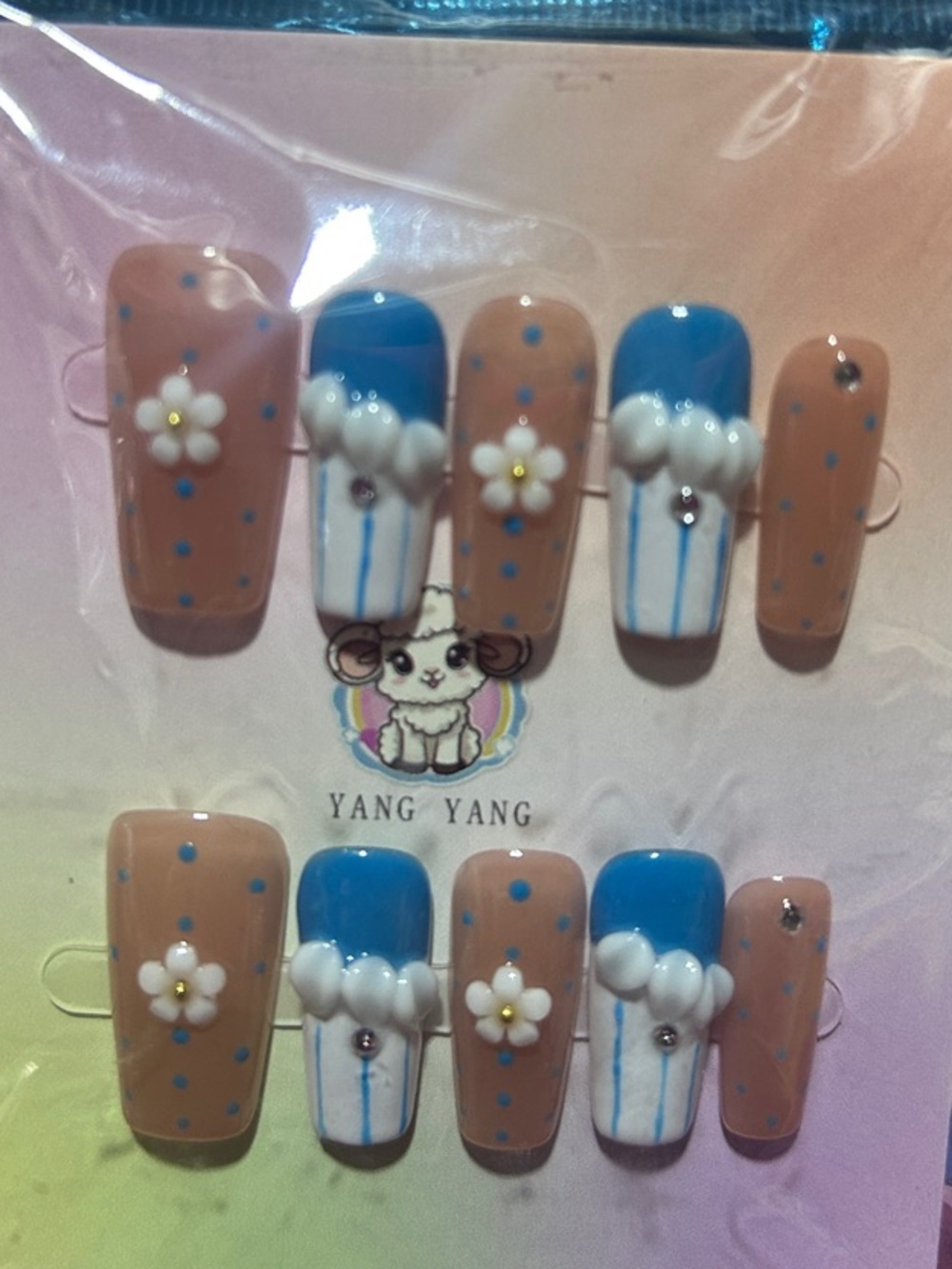 Blue & Beige Floral Press-On Nail Set